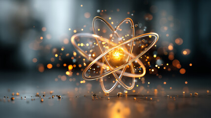 Futuristic illustration represents an atom with glowing orbits and a radiant core, visualization presents scientific concepts related to physics chemistry atomic structure and the 