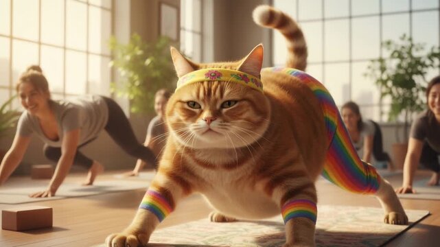 Energetic ginger cat leads group yoga session, wearing vibrant rainbow accessories. Women exercise in sunlit studio with wooden floors and indoor greenery, cat demonstrating confident pose.
