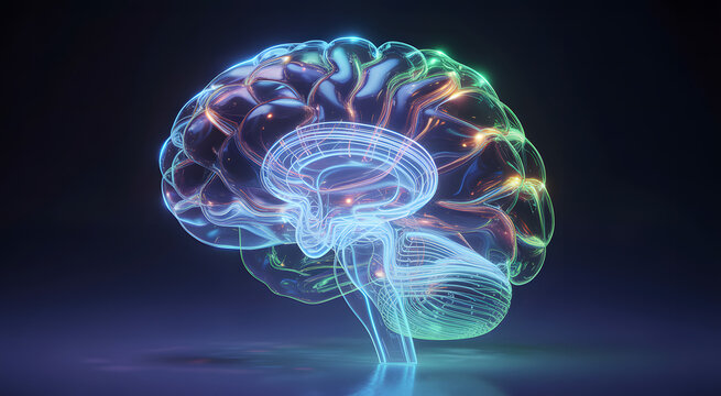 Luminous digital brain showcasing neural network activity with glowing connections and vibrant colors