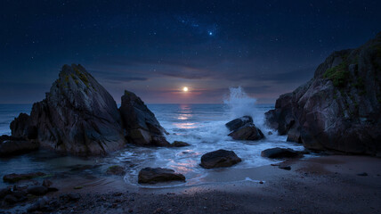 Waves rush over rocks in a moonlit cove