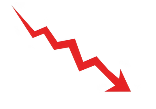 Red downward trending zigzag arrow isolated on transparent background