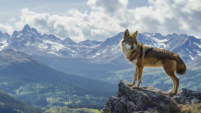 The majestic wolf stands on the mountain rocks, overlooking the winter mountains.