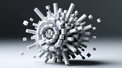 Voxel bloom formation resembling a detailed digital explosion grayscale abstract minimalism graphic background
