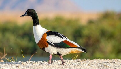 A colorful waterfowl strides across a gravel path