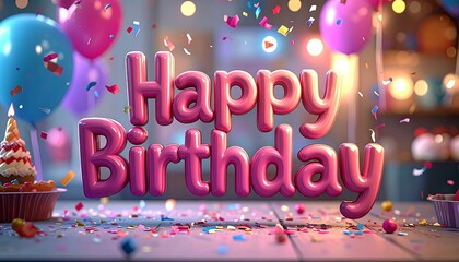 Festive birthday card with balloons, confetti, and cupcake