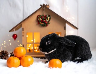 Festive black bunny with tangerines near a decorative wooden house