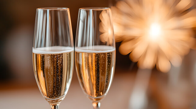 Toast to celebration! Two glasses of sparkling champagne catch the light with festive bubbles, set against a warm, glowing sparkler background.