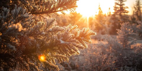 Golden Sunlight on Snowy Pine Trees in Winter Forest