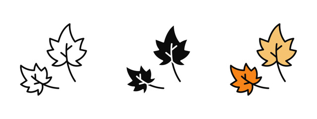 Autumn leaf icon in stroke, fill, and color variations with a clean white background represents fall season, nature change, leaves, and seasonal weather themes.