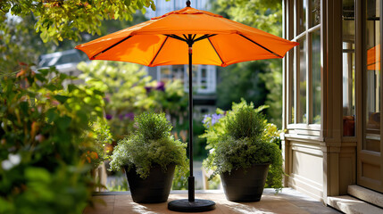 Vibrant orange patio umbrella provides comforting shade on bright sunny day, strong black pole, wide base stand on light paved outdoor floor, two potted evergreen plants flank open