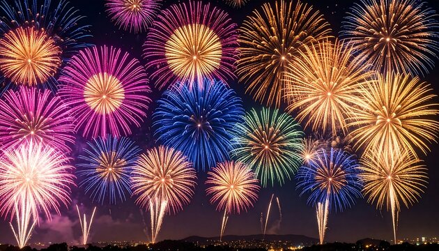 Colorful fireworks explode over a city at night