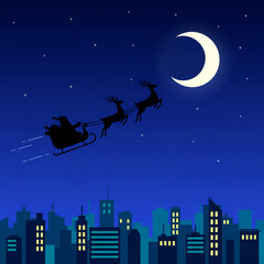 Santa's Night Flight: A silhouetted image captures Santa Claus soaring across a starlit night sky, his reindeer-pulled sleigh gliding above a cityscape, illuminated by the radiant moon.