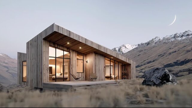 Modern Wooden Cabin Retreat Nestled in a Serene Mountain Landscape at Dusk.