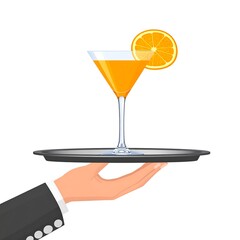 A hand holding a tray with a cocktail and orange slice garnish