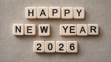 Happy new year 2026 spelled out with letter tiles on a textured background celebrating the upcoming year