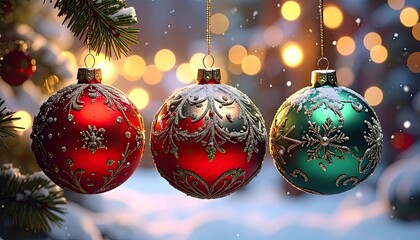 Festive Christmas baubles in a snowy, bokeh-lit, winter scene