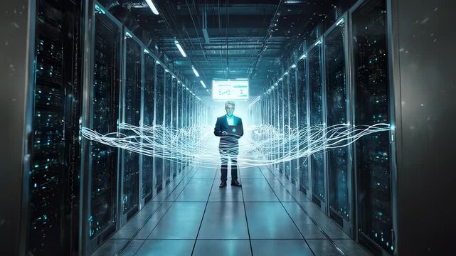 It specialist analyzing data on laptop in a server room - Powered by Adobe