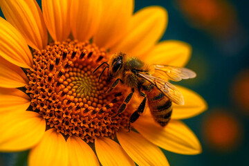 Sunflower's Nectar: A bee meticulously gathers pollen from a vibrant sunflower, symbolizing the beauty of pollination and the harmony between nature and its inhabitants.