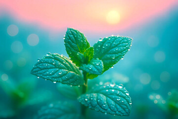 Mint in Morning: Delicate green mint leaves, glistening with morning dew, emerge in the soft morning light. A refreshing view