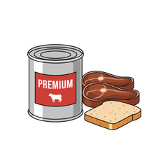 Jar of stew beside bread. Canned premium meat alongside slices of bread on neutral background  
