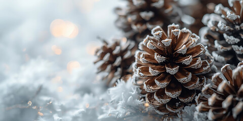 Serene Winter Close-Up of Snow-Covered Pinecones and Lights