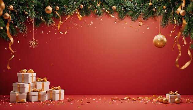 Christmas Background with Gift Boxes, Golden Decorations and Red Festive Theme