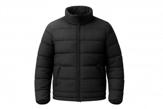 Black puffer jacket isolated on transparent background, winter outerwear for cold weather, insulated clothing
