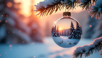 Glass Christmas Ornament Reflecting Snowy Forest Path and Glowing Sunset