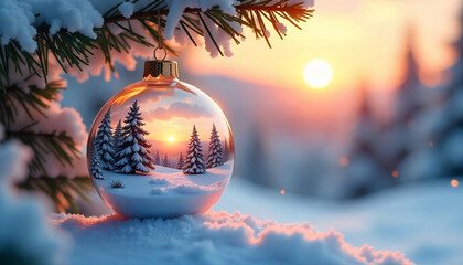 Reflective Christmas Ornament with Snowy Trees and Vibrant Sunset
