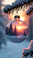Glass Christmas Ornament with Snowy Trees and Warm Sunlight