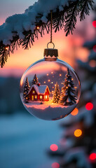 Glass Christmas Ornament with Cozy Red Cabin and Glowing Sunset in Snowy Landscape