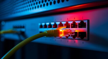 Close-up of network cables connected to a server panel with glowing indicator