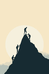 Naklejka premium Silhouette illustration of people climbing a mountain at sunrise, symbolizing teamwork, leadership, success, and achieving goals through effort, support, and determination.