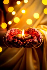 Illuminated Hands: A close-up shot captures the delicate hands holding a traditional oil lamp, the warm glow of the flame illuminating the intricate henna designs.