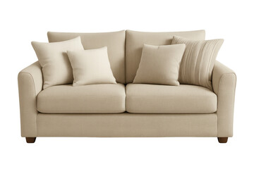 Fototapeta premium Beige fabric two-seater sofa with cushion pillows