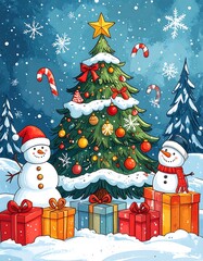 Festive Christmas illustration snowy scene with a decorated tree & snowmen