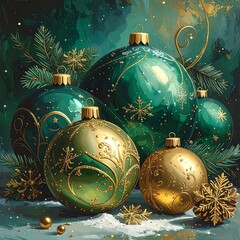 Festive Christmas ornaments, green and gold, decorated