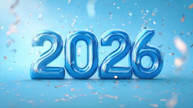 Shiny blue metallic balloons forming the year 2026 with falling confetti against a soft blue background - Powered by Adobe