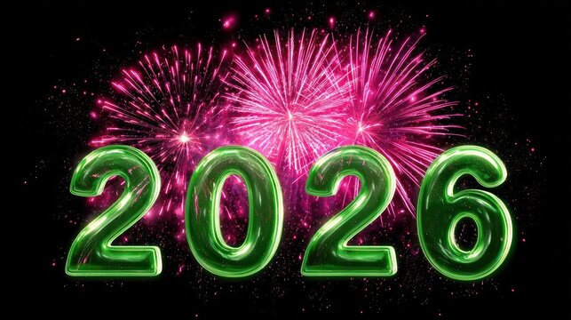 Bright green metallic numbers 2026 glowing against a backdrop of vibrant pink fireworks exploding in the dark night sky - Powered by Adobe