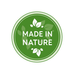 Natural products label round green badge with leaves and text isolated on white