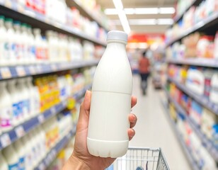 A hand holds a bottle of white liquid in a supermarket aisle