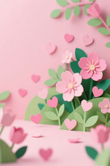 Fototapeta premium A scene with delicate pink paper flowers, green leaves, and floating hearts, creating a sweet and romantic atmosphere.