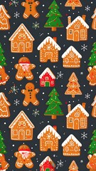 Festive Christmas pattern with gingerbread houses, trees, and people