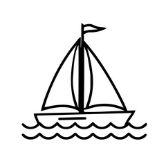Simple Line Drawing of a Sailboat on the Water with Waves in Black and White