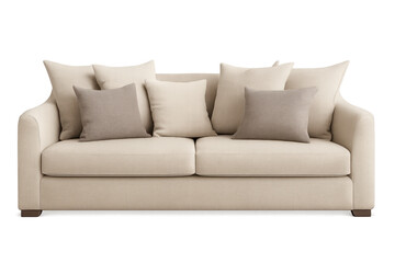 Fototapeta premium Beige sofa with accent cushions on transparent background
