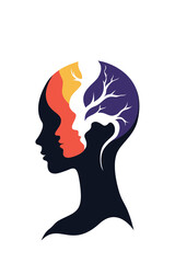 Abstract illustration of a human head with layered profiles and brain branches, symbolizing psychology, inner growth, trauma healing, mental health, and self-awareness.