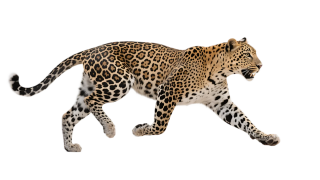 A leopard in full stride displaying its unique and striking spotted coat, highlighting its wild and predatory nature.