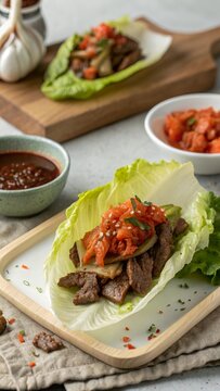 Enjoying bulgogi beef wrapped in crisp lettuce with flavorful kimchi in a cozy dining setting