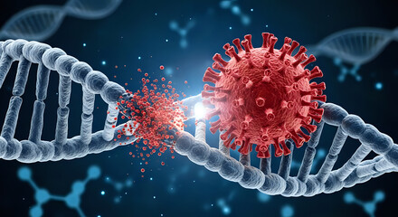 Striking visual of a red virus particle interacting with a damaged DNA helix, symbolizing infection and genetic impact