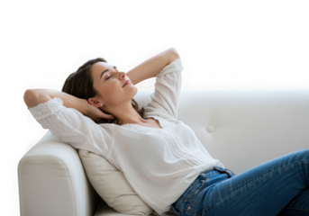 Woman relaxing on a couch with hands behind head isolated on transparent background